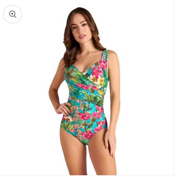 Jantzen | Surplice Mio Tummy Control One Piece Multi Swimsuit Palms & Tropics 4 - Picture 1 of 16